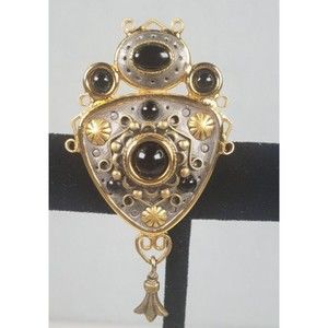 Signed MICHAL GOLAN Victorian Form Black Onyx Glass Brass Pin Brooch Pendant